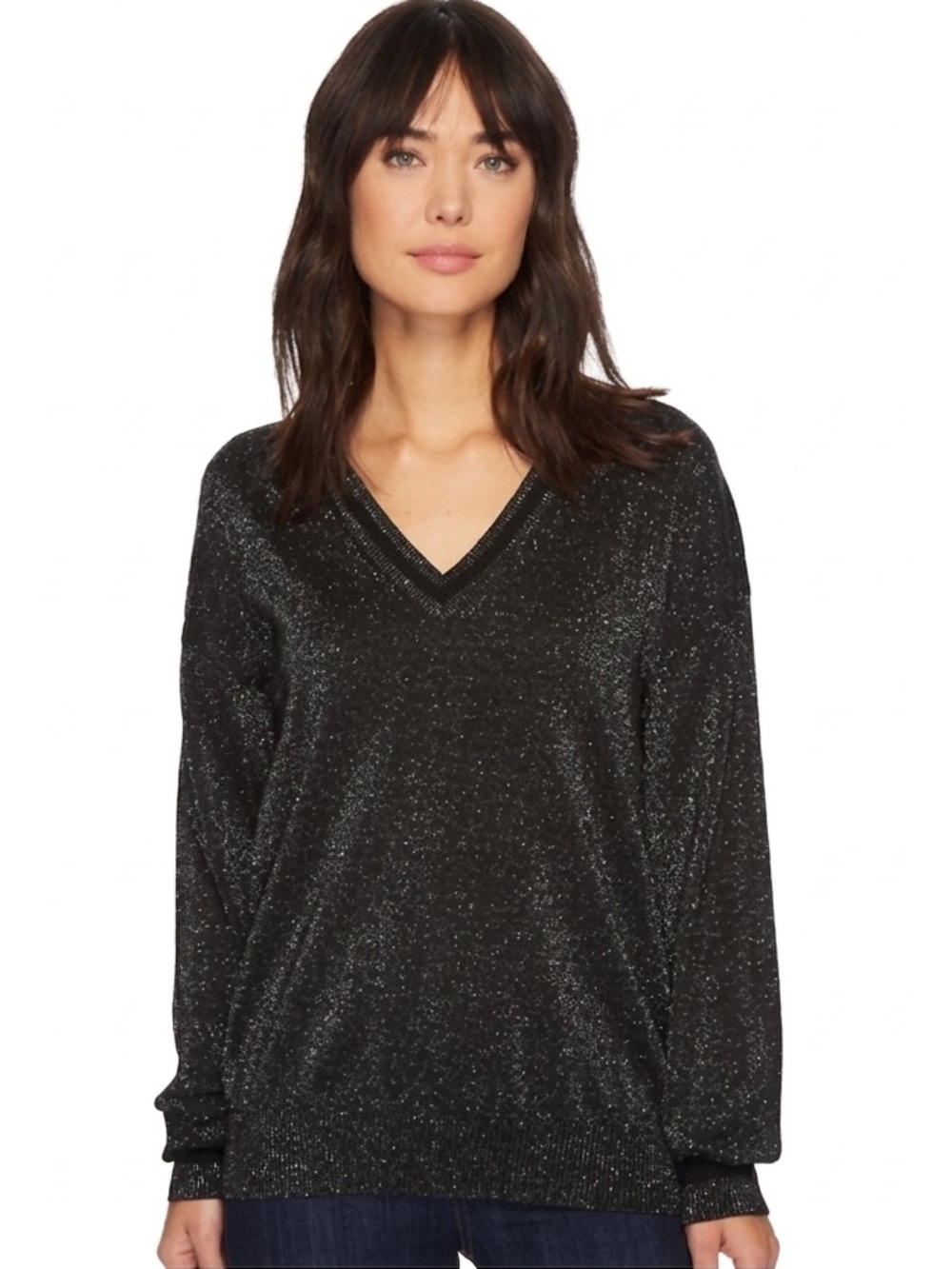 Equipment Lucinda Sweater Black Sparkle Metallic V-neck Wool Silk Size Small